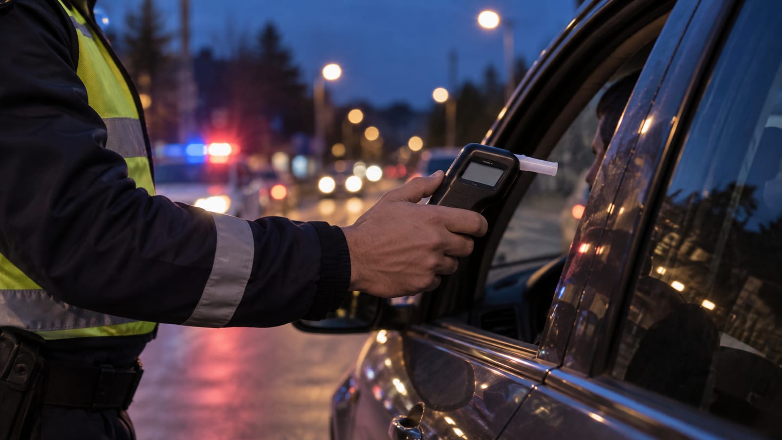 Gece yol kontrolünde otomobil camından yapılan alkolmetre ölçümü