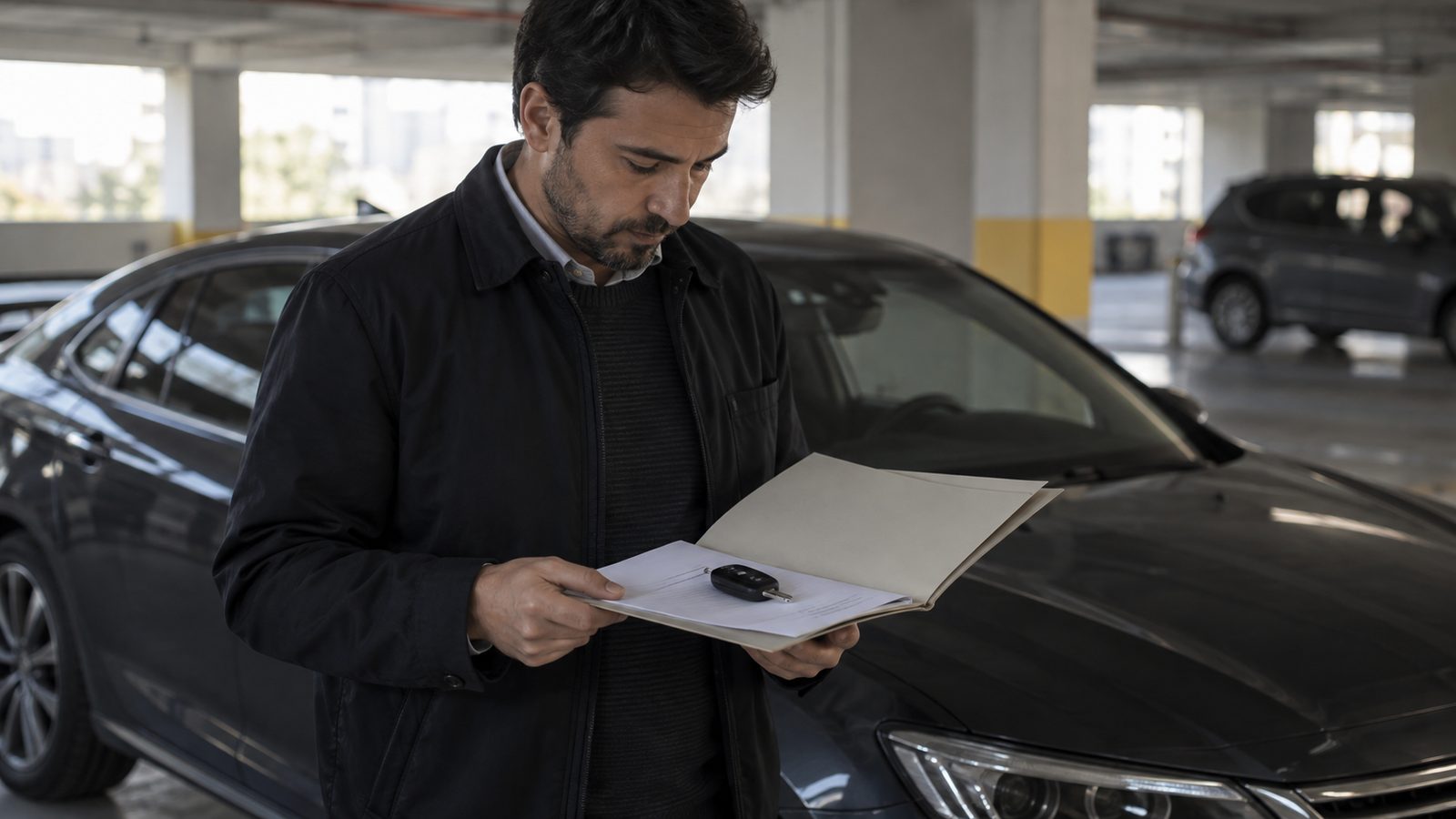 Otoparktaki aracın yanında dosya ve otomobil anahtarını tutan kişi