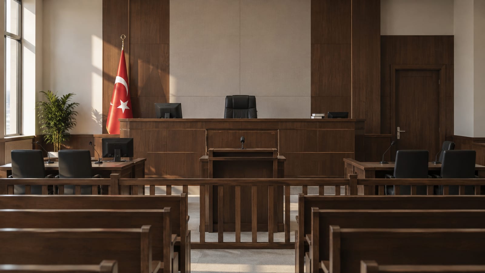 Çağdaş küçük Türkiye duruşma salonunda tek boş hâkim koltuğu, ahşap kürsü, önde boş dinleyici sıraları