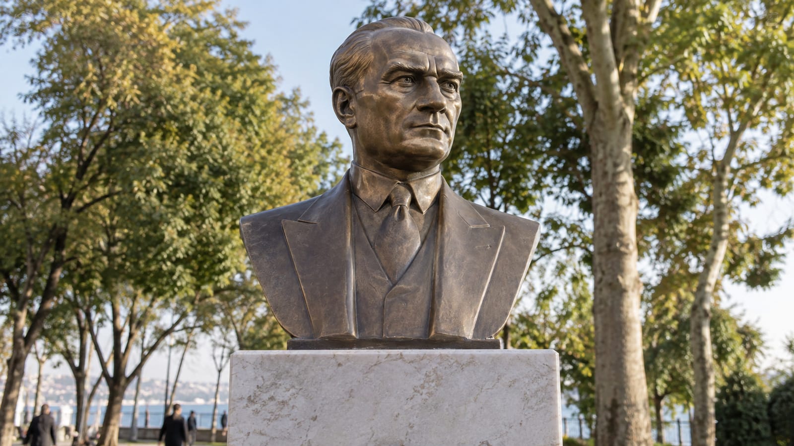 Kamusal bir meydandaki sade bronz Atatürk büstünün yakın editoryal fotoğrafı
