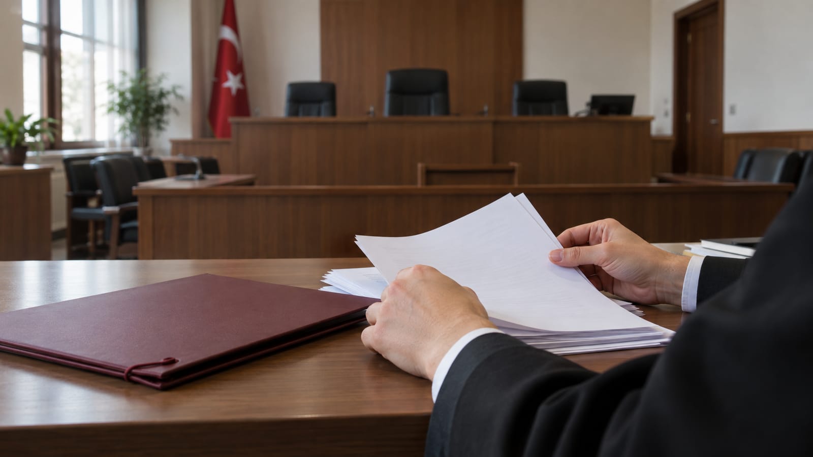 Duruşma salonunda masa üzerindeki dosya ve belgeleri inceleyen avukatın elleri