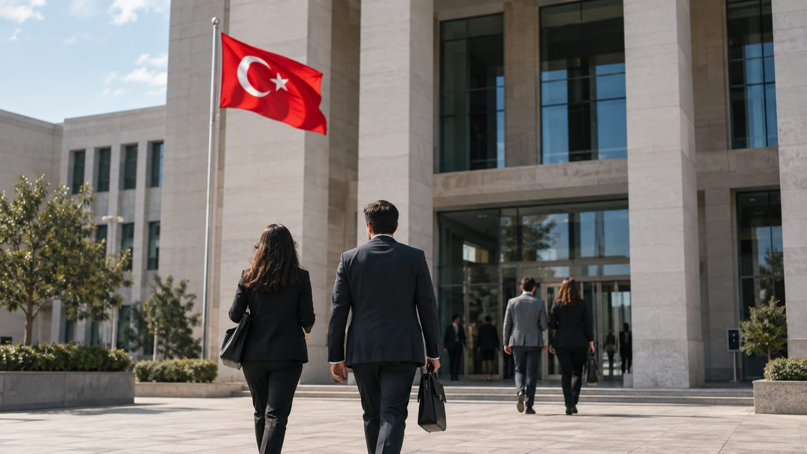 Türkiye'de bir kamu binasının dışında rüzgârda hafifçe dalgalanan Türk bayrağı, sade çağdaş bina arka planı