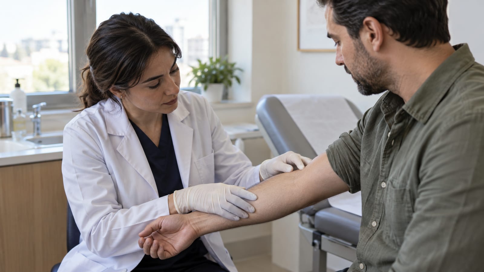 Klinik muayene odasında yetişkinin ön kolunu dikkatlice inceleyen eldivenli doktorun elleri