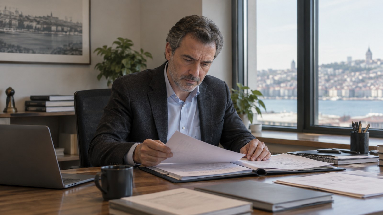 A person reviewing a document folder at a wooden desk