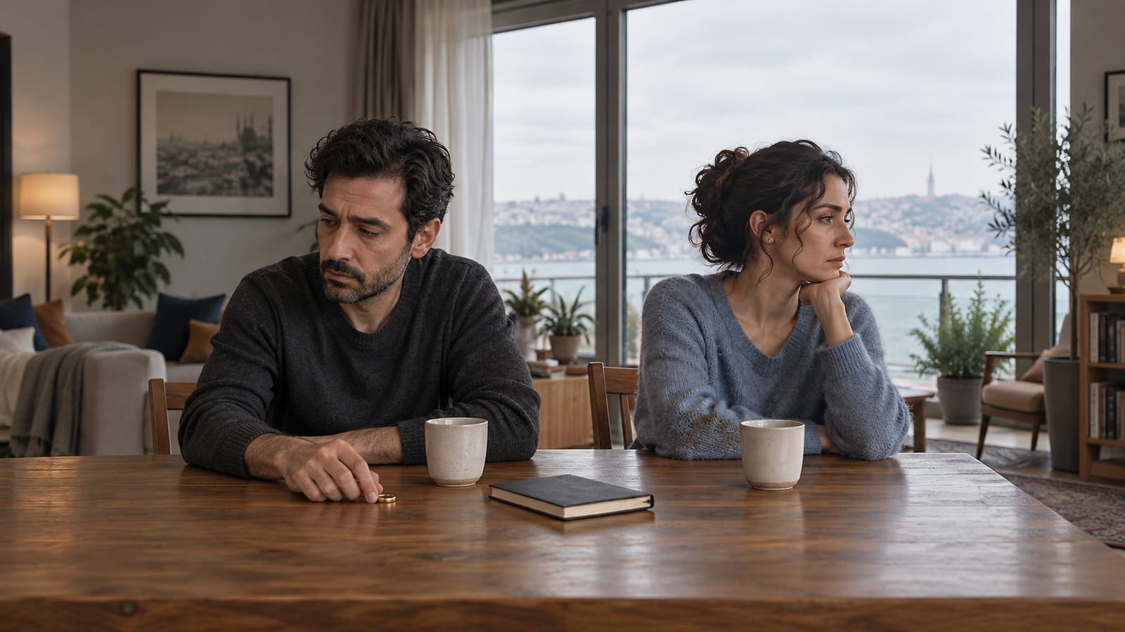 Evde aynı masada birbirinden uzak oturan ve farklı yönlere bakan evli çift