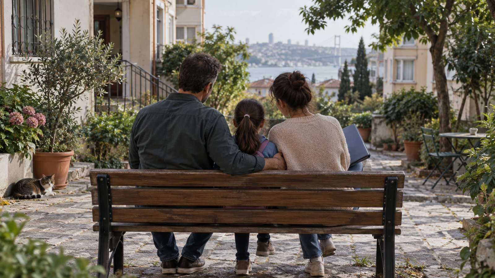 Parents and a child seated together on a courtyard bench overlooking Istanbul