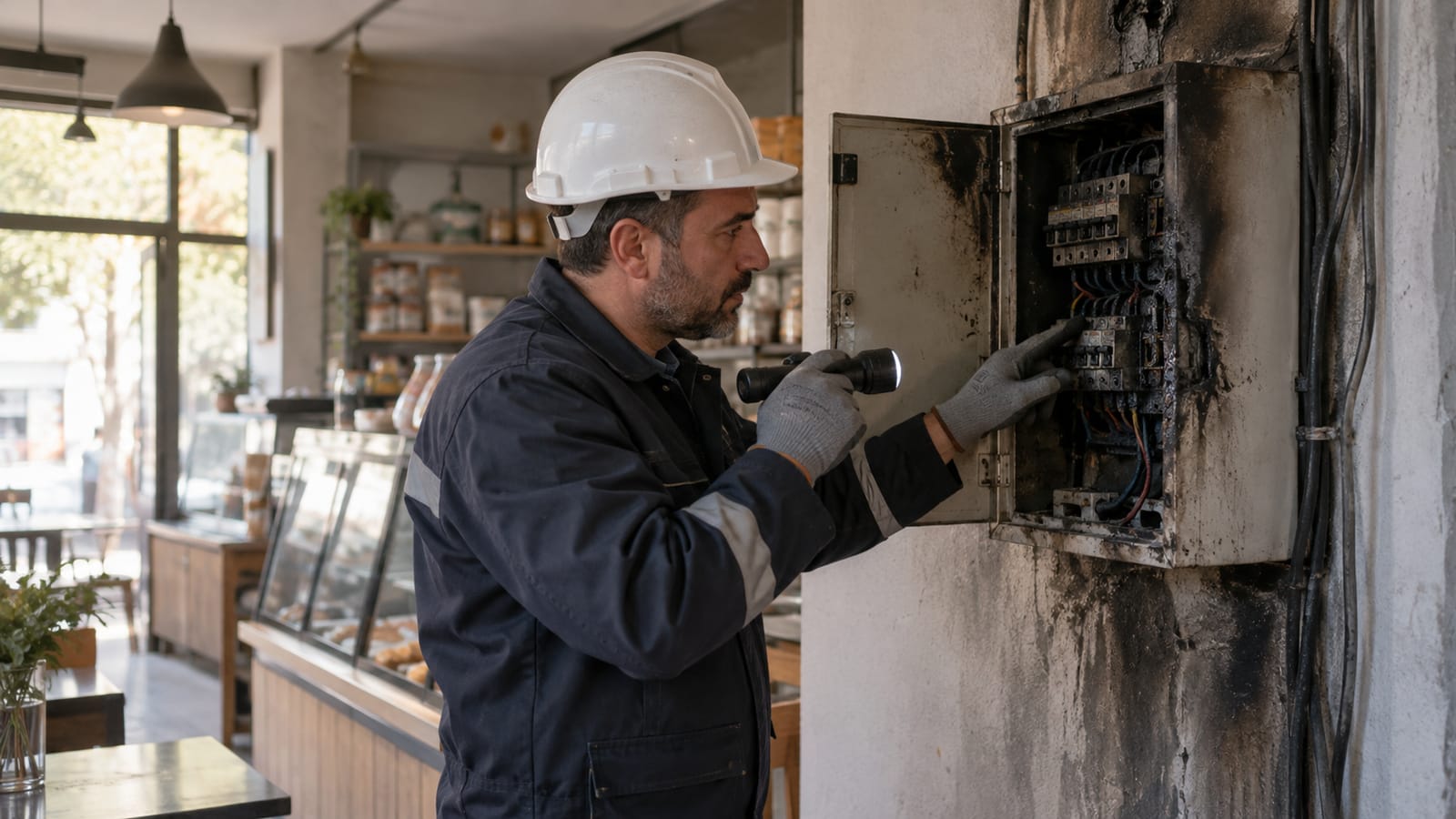 Küçük bir iş yerindeki yangın sonrası hasarlı elektrik panosunu güvenle inceleyen kasklı teknisyen
