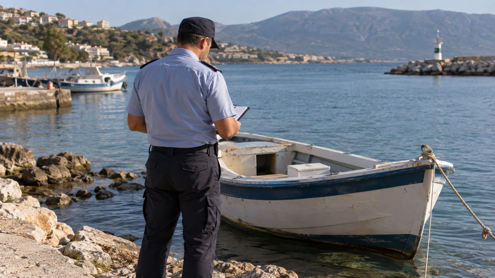 Kıyıdaki boş küçük tekneyi gündüz inceleyen sivil deniz denetim görevlisinin arkadan görünümü