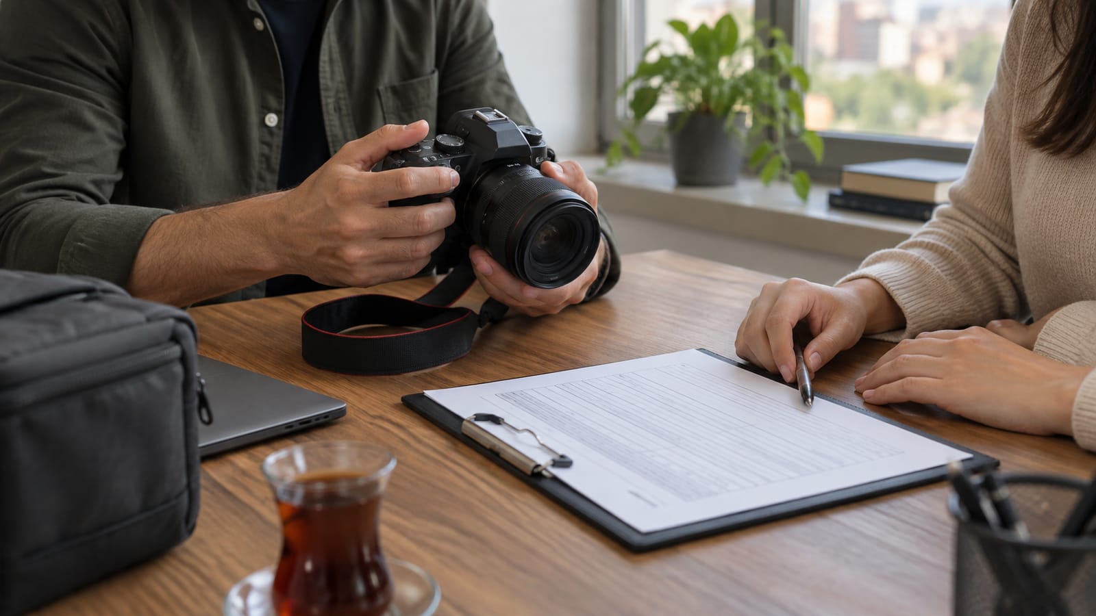 Emanet edilmiş bir fotoğraf makinesini teslim çizelgesinin yanında inceleyen yetişkin elleri