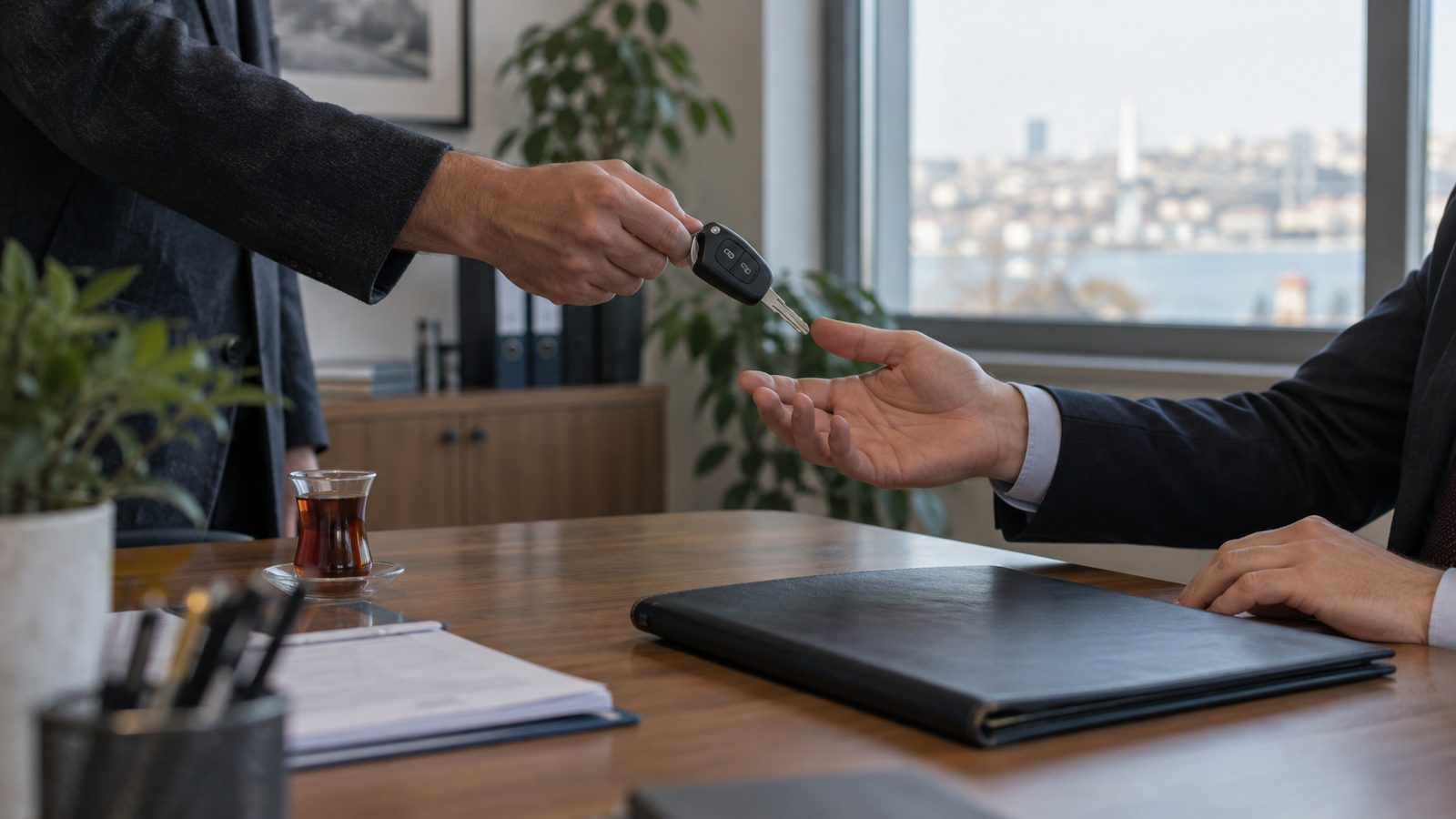 Ofis masasında kapalı dosyanın yanında teslim edilen araç anahtarı