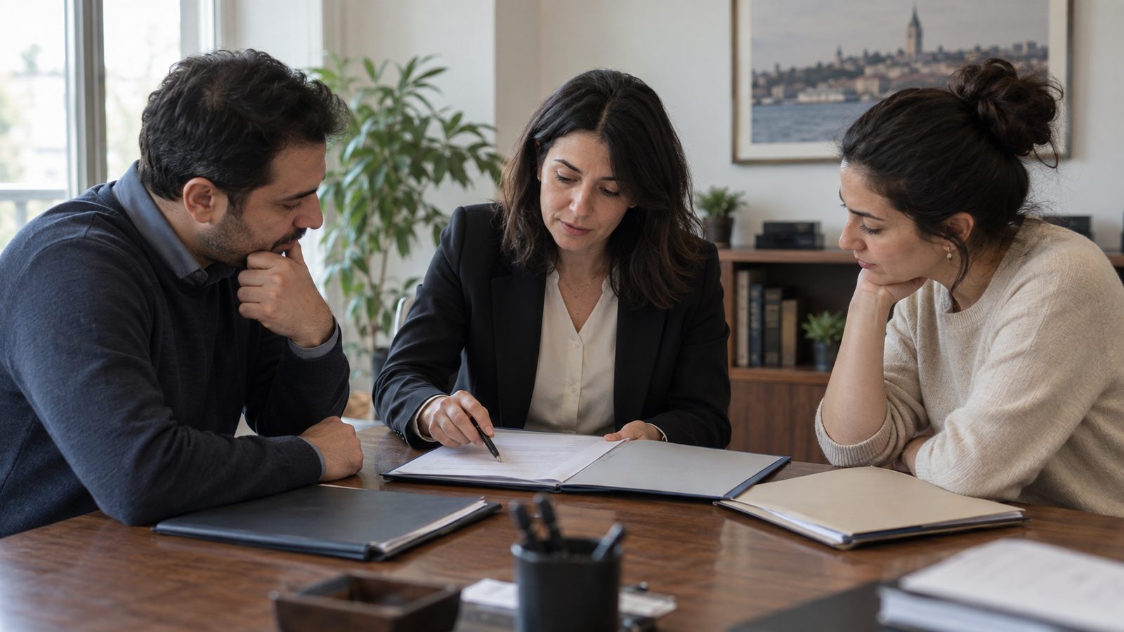 Ofis masası çevresindeki üç kişinin önünde ayrı dosyalar