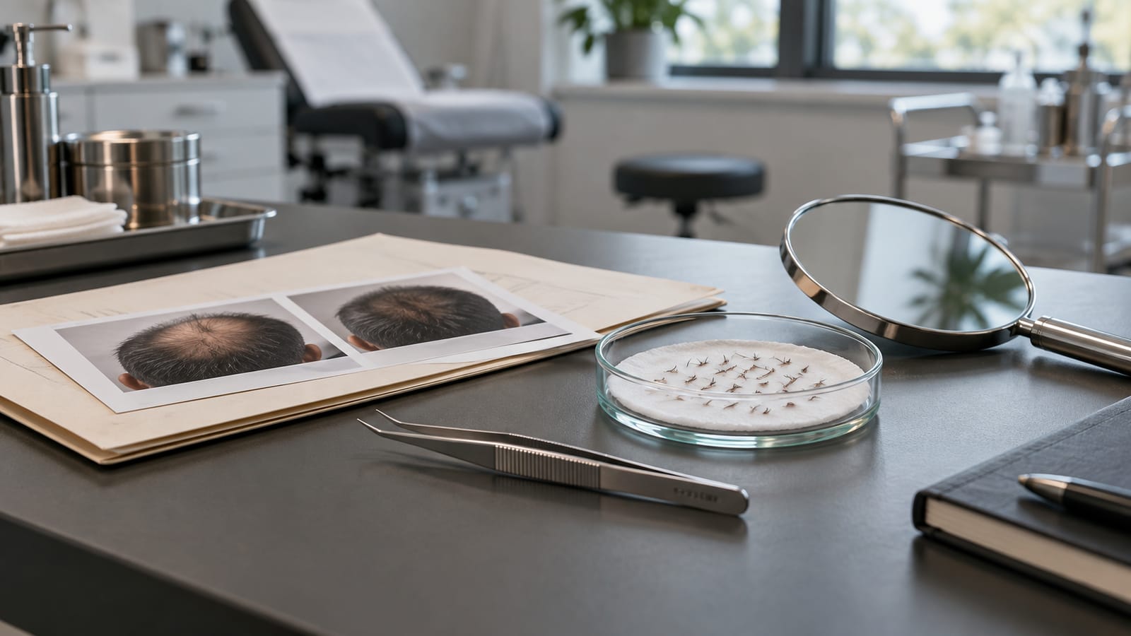 Hair transplant records, grafts and examination tools on a clinic desk