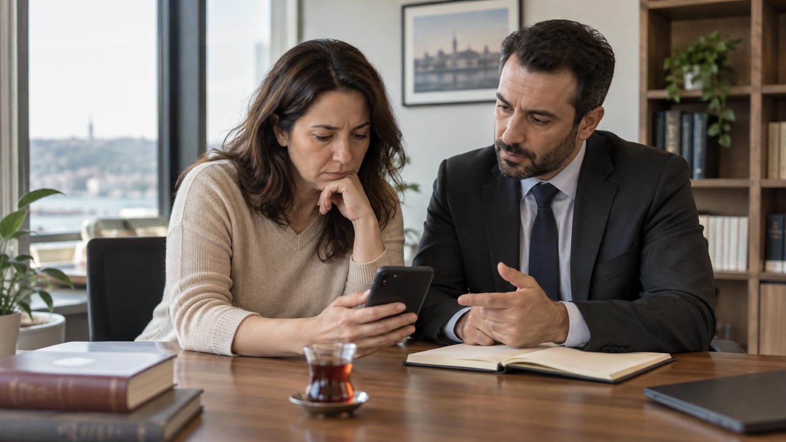 Telefon ekranındaki okunamayan mesajları hukukçuyla değerlendiren yetişkinin elleri