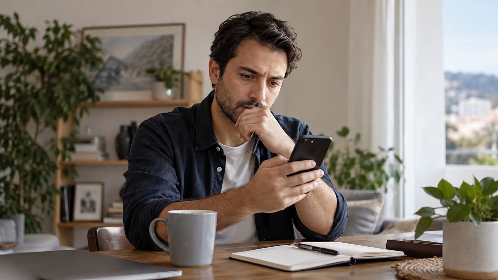 Ev masasında kendisine gelen mesajı düşünceli biçimde inceleyen yetişkin, telefon ekranı kameraya dönük değil