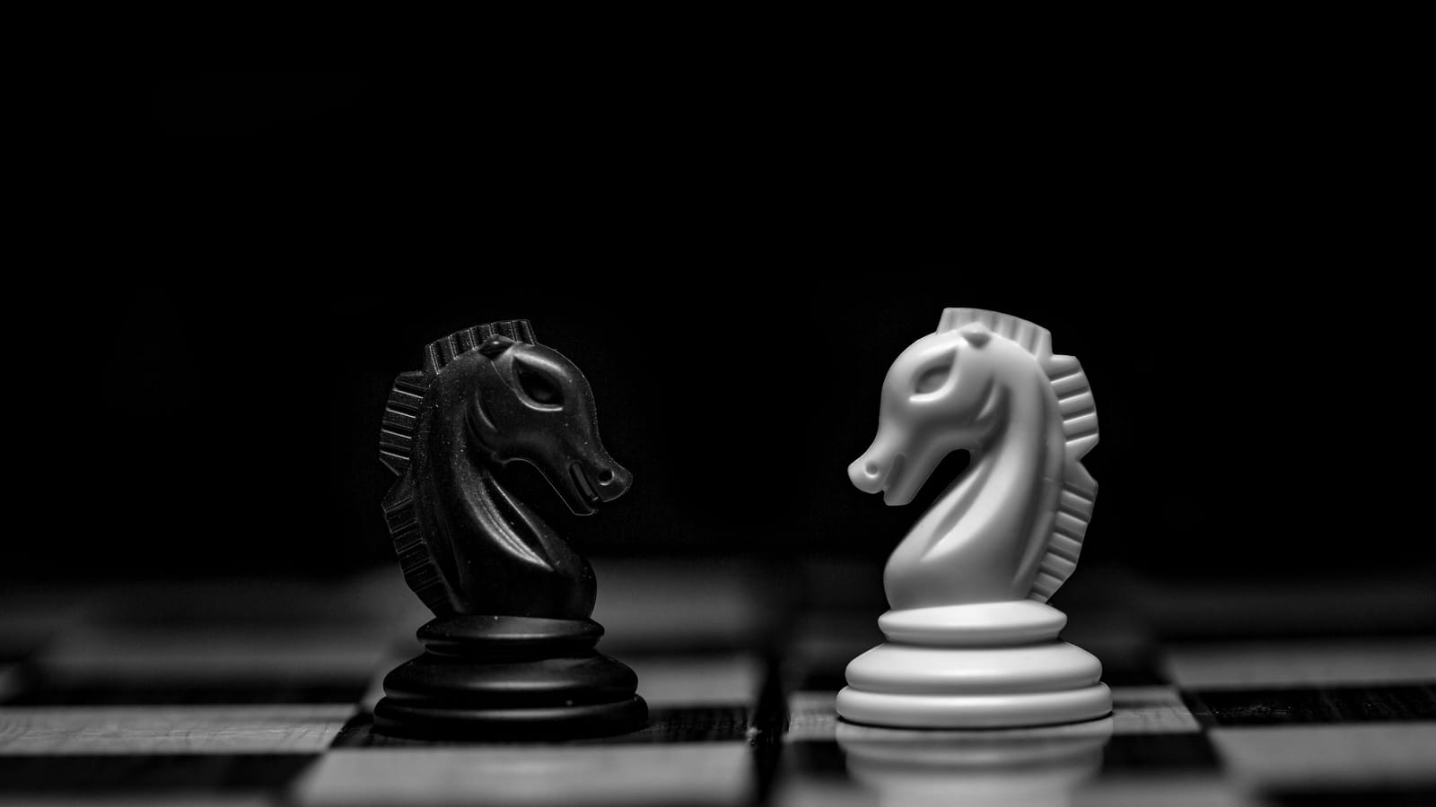 Karşı karşıya duran siyah ve beyaz satranç atları