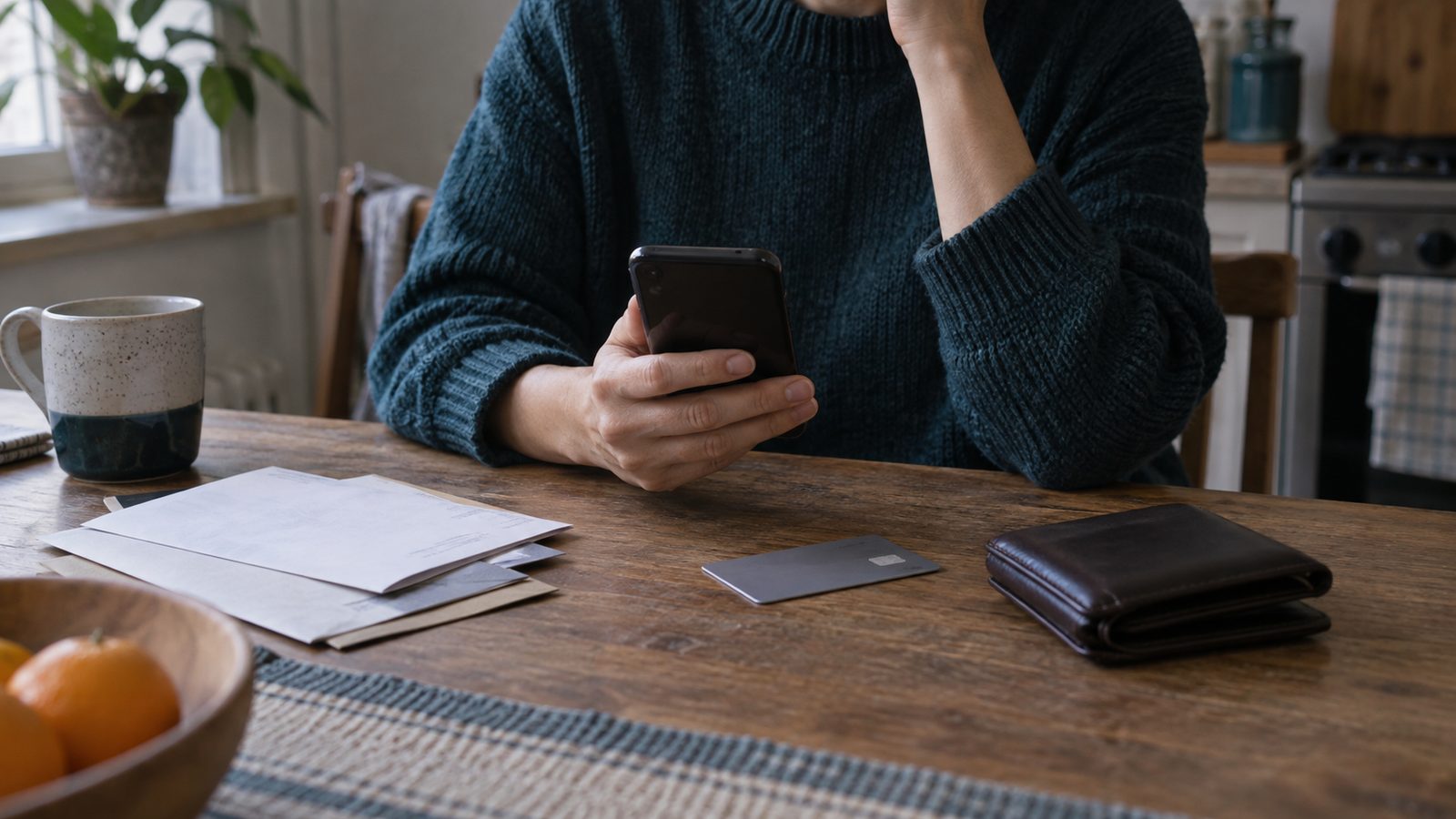 Ev masasındaki cüzdan ve zarfların yanında telefonunu inceleyen kişi