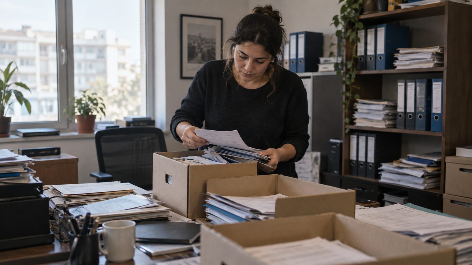 Kapanmış işletme ofisinde arşiv kutularını inceleyen kişi