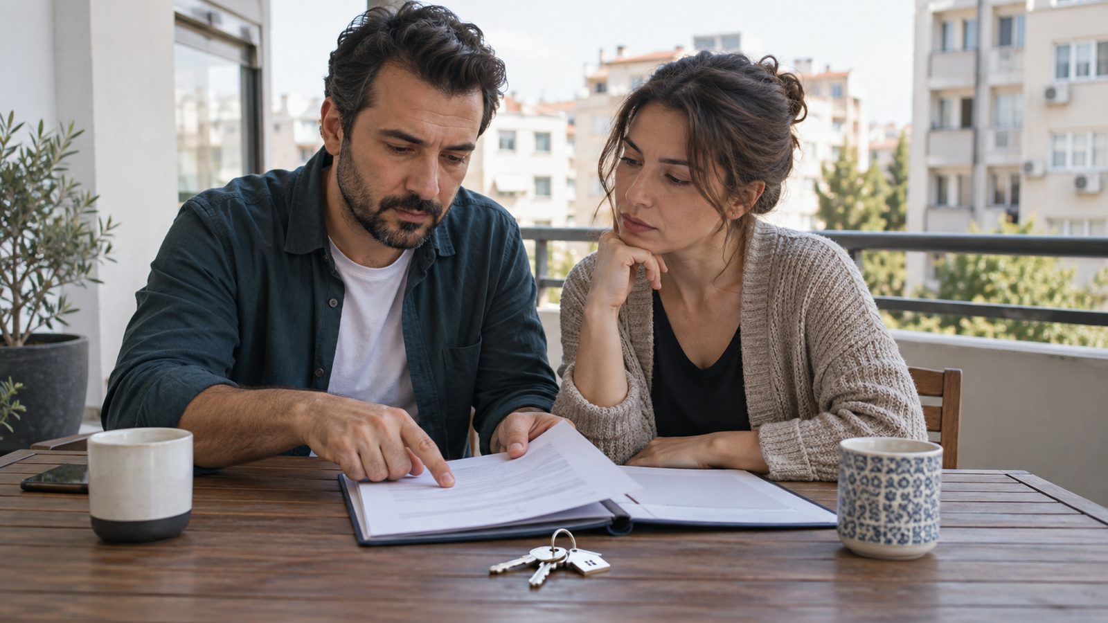 Apartman manzaralı balkonda taşınmaz dosyasını inceleyen iki kişi ve anahtarlar