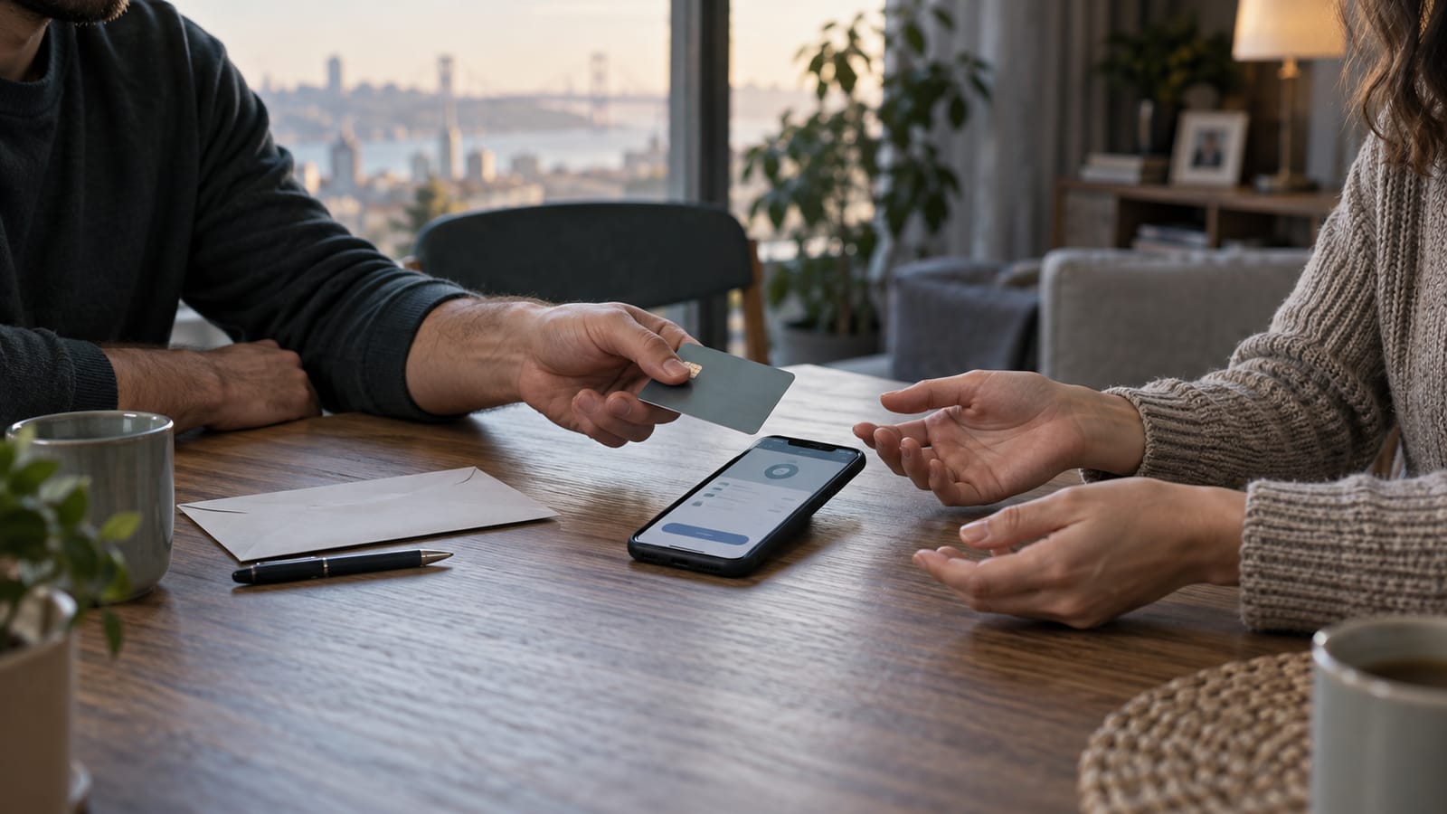 Masa üzerinde markasız banka kartını uzatan kişi ile telefonun yanındaki diğer kişinin elleri