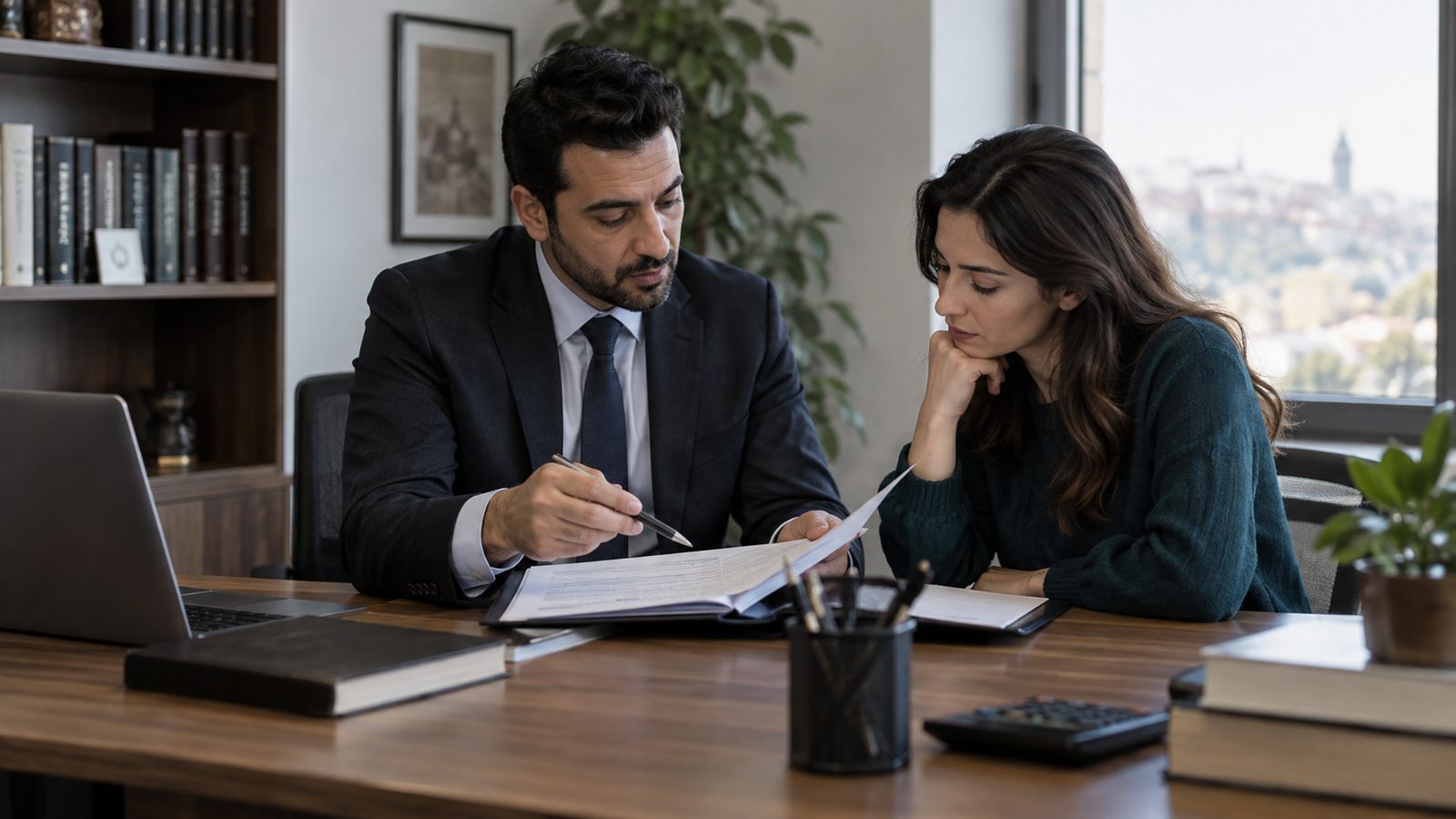 Görüşme masasında dosya ve hesap makinesi üzerinden konuşan iki kişi