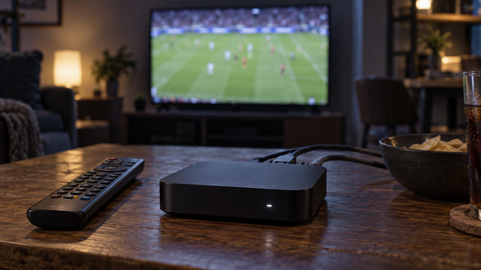 Televizyondaki futbol yayını önünde markasız yayın kutusu ve uzaktan kumanda