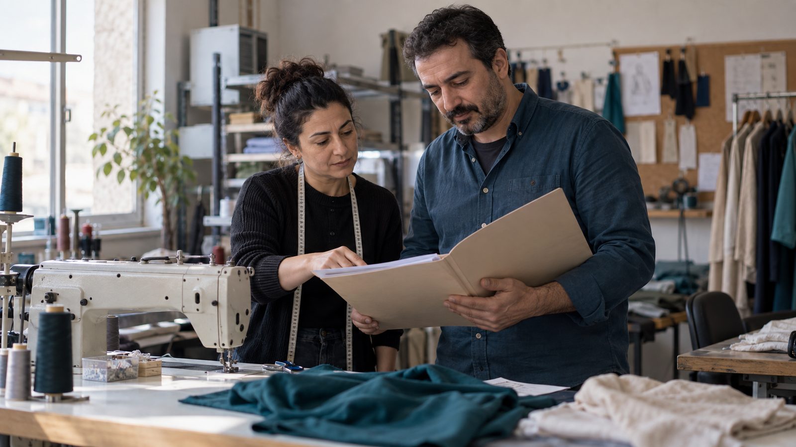 Küçük tekstil atölyesinde dikiş makinesinin yanında dosya inceleyen iki kişi