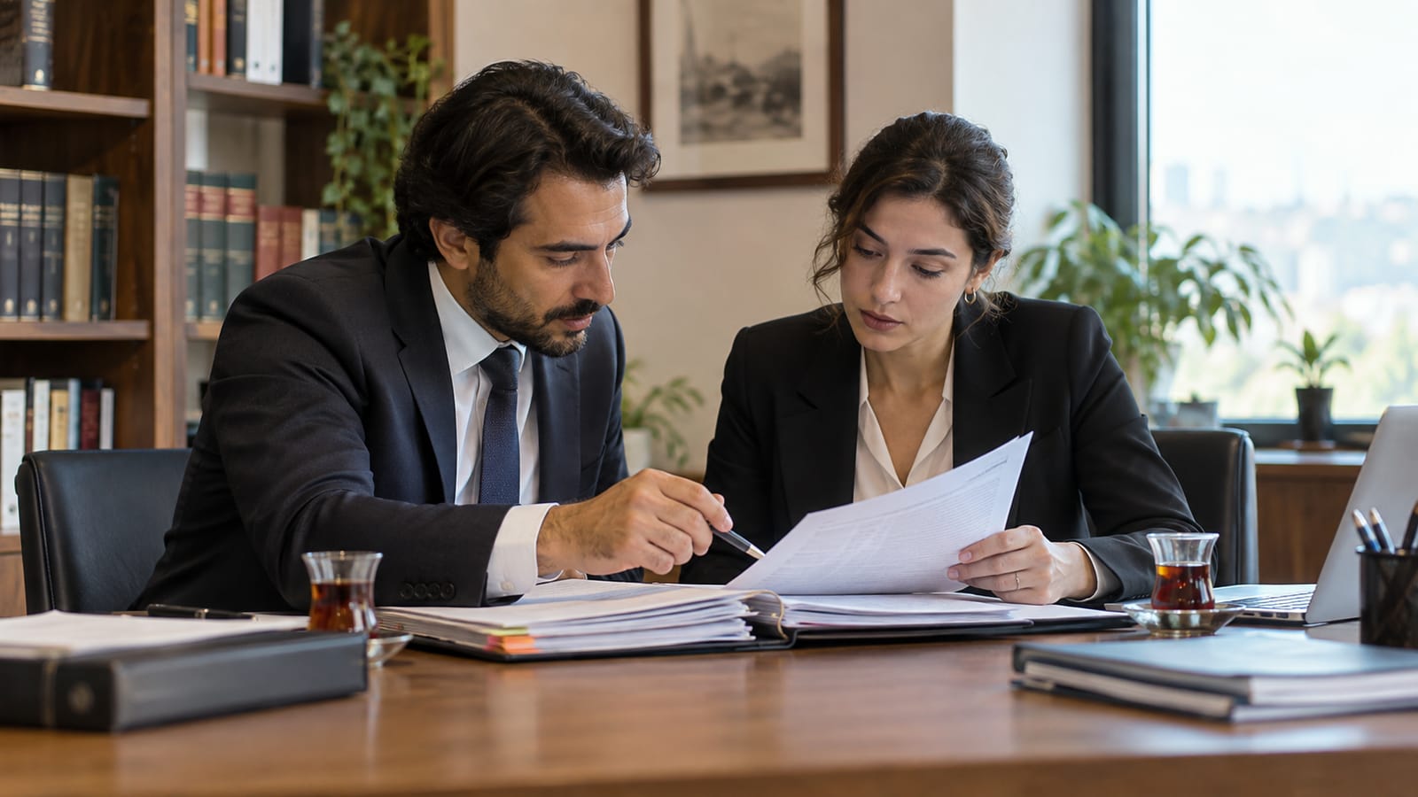Bir olay dosyasındaki belgeleri beraber inceleyen iki savunma hukukçusu, merkezde dosya ve eller