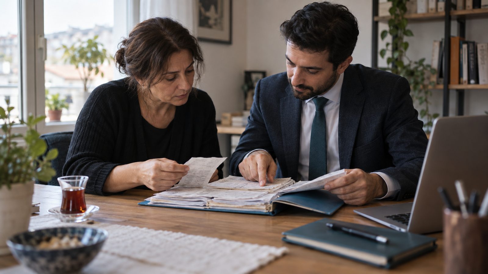 Görüşme masasında eski ödeme belgelerini birlikte inceleyen iki kişi