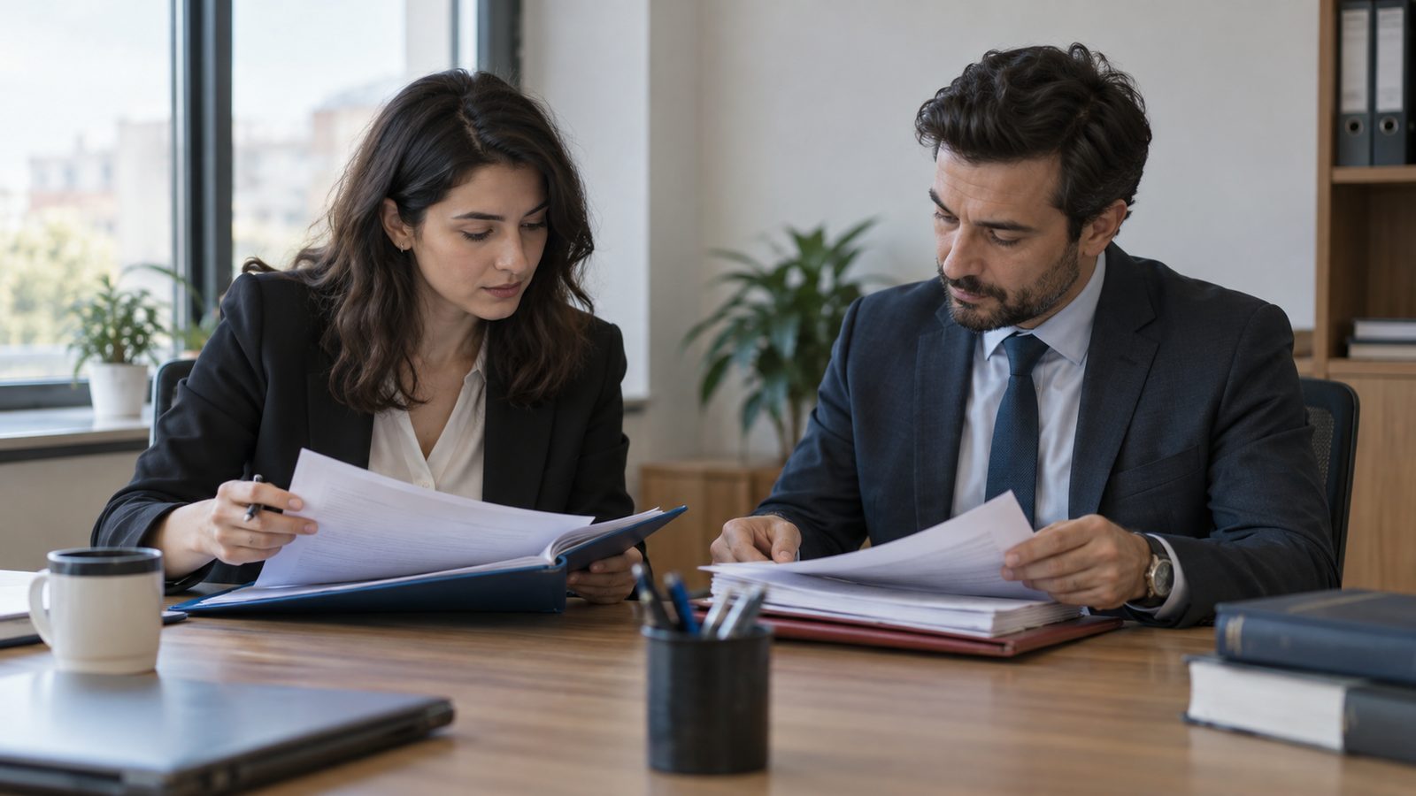 Ofis masasında iki ayrı dosyayı karşılaştıran kişilerin elleri