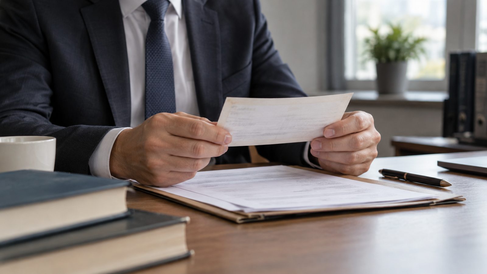 Dosya içindeki küçük dikdörtgen belgeyi inceleyen kişinin elleri
