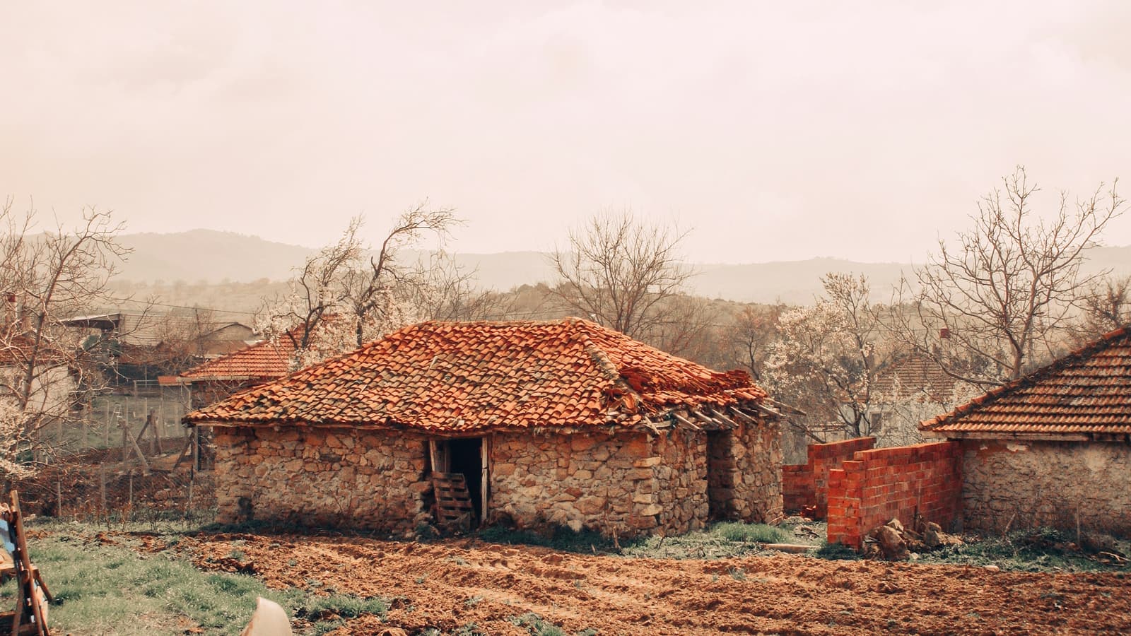 Sürülmüş bir tarlanın kenarında kiremit çatılı eski bir köy evi