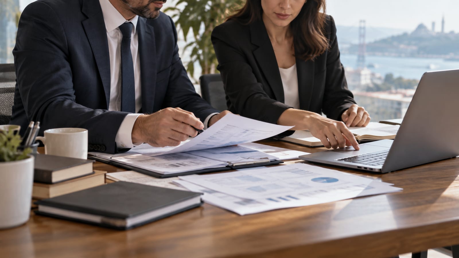 Finansal kayıtları ve markasız dizüstü bilgisayarı inceleyen iki denetçinin elleri