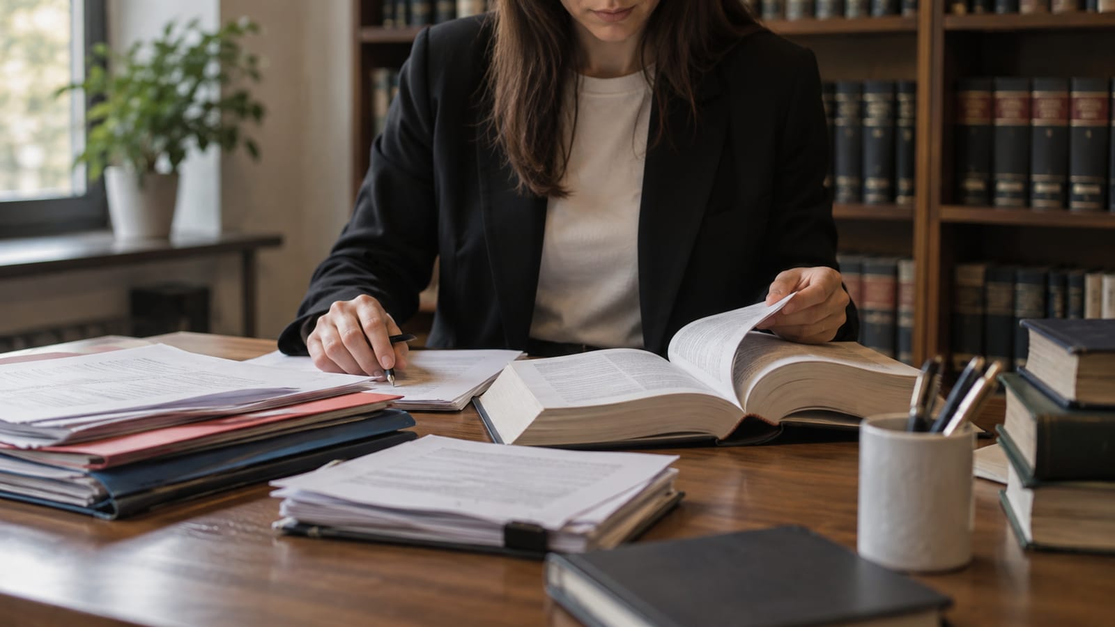 Sade hukuk kütüphanesinde farklı dosyaları açık başvuru kitabıyla karşılaştıran araştırmacının elleri