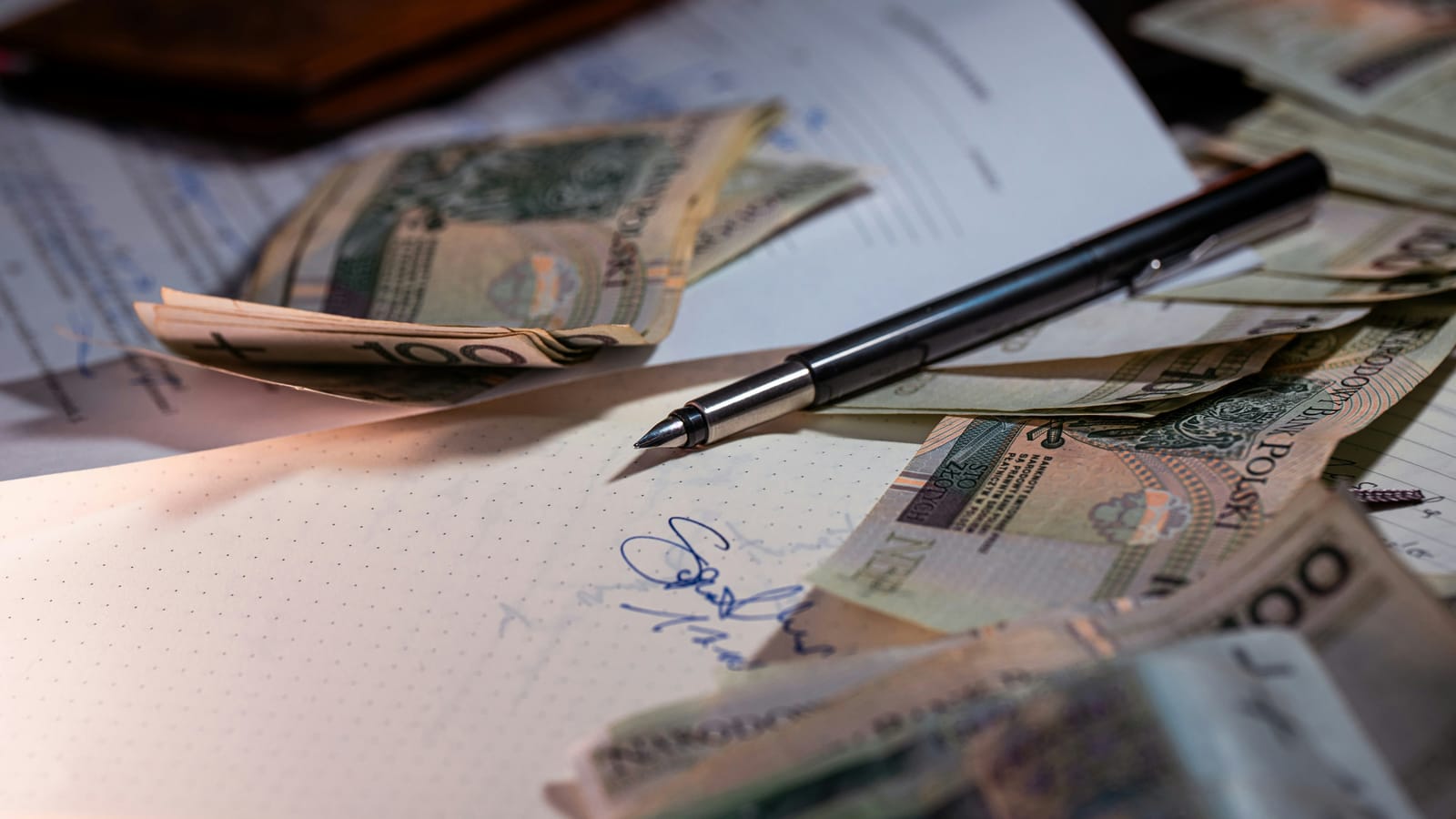 Belge üzerinde banknotlar ve imza kalemi