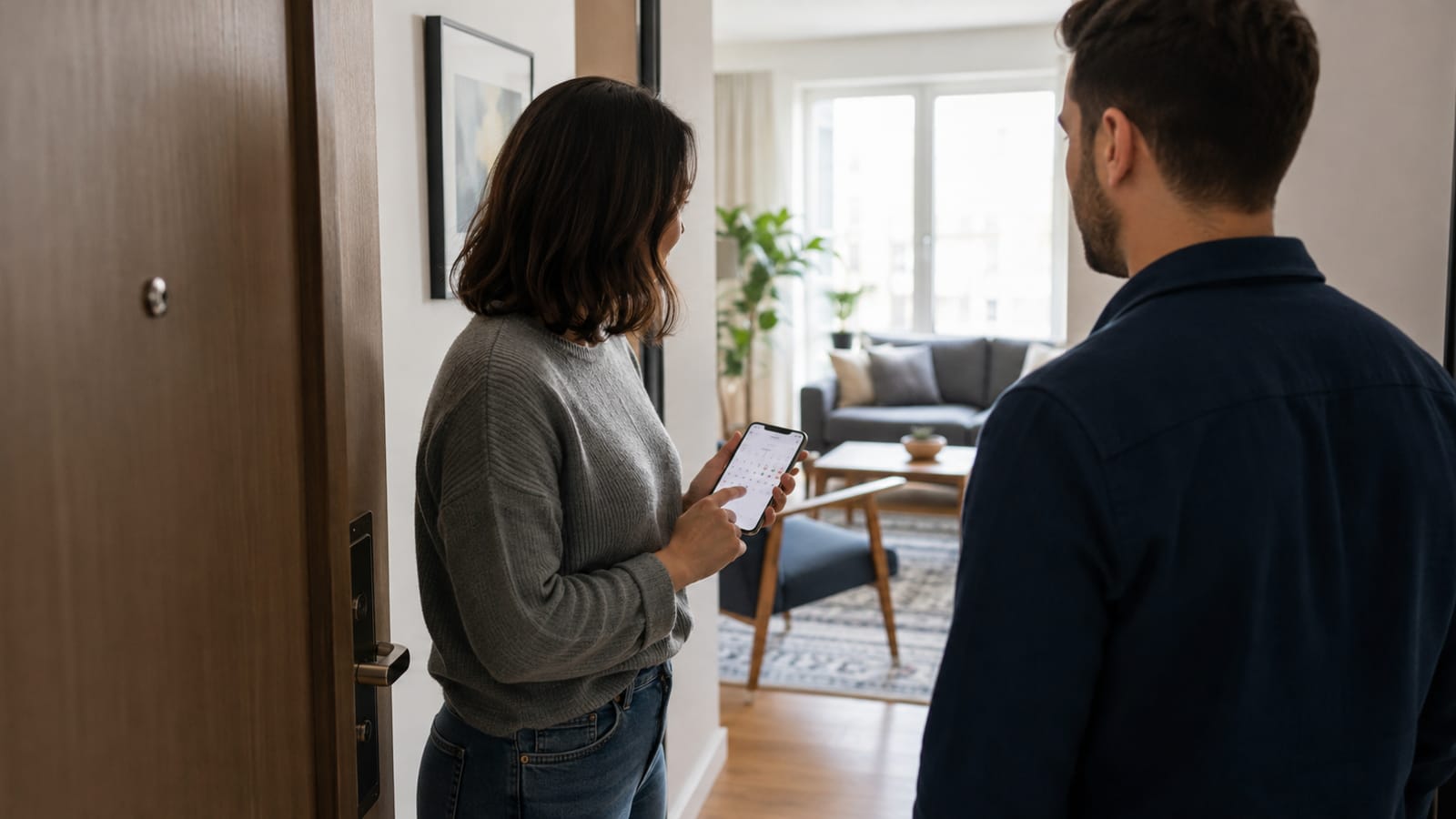Apartman kapısında telefon takvimi üzerinden ziyaret zamanı belirleyen iki kişi