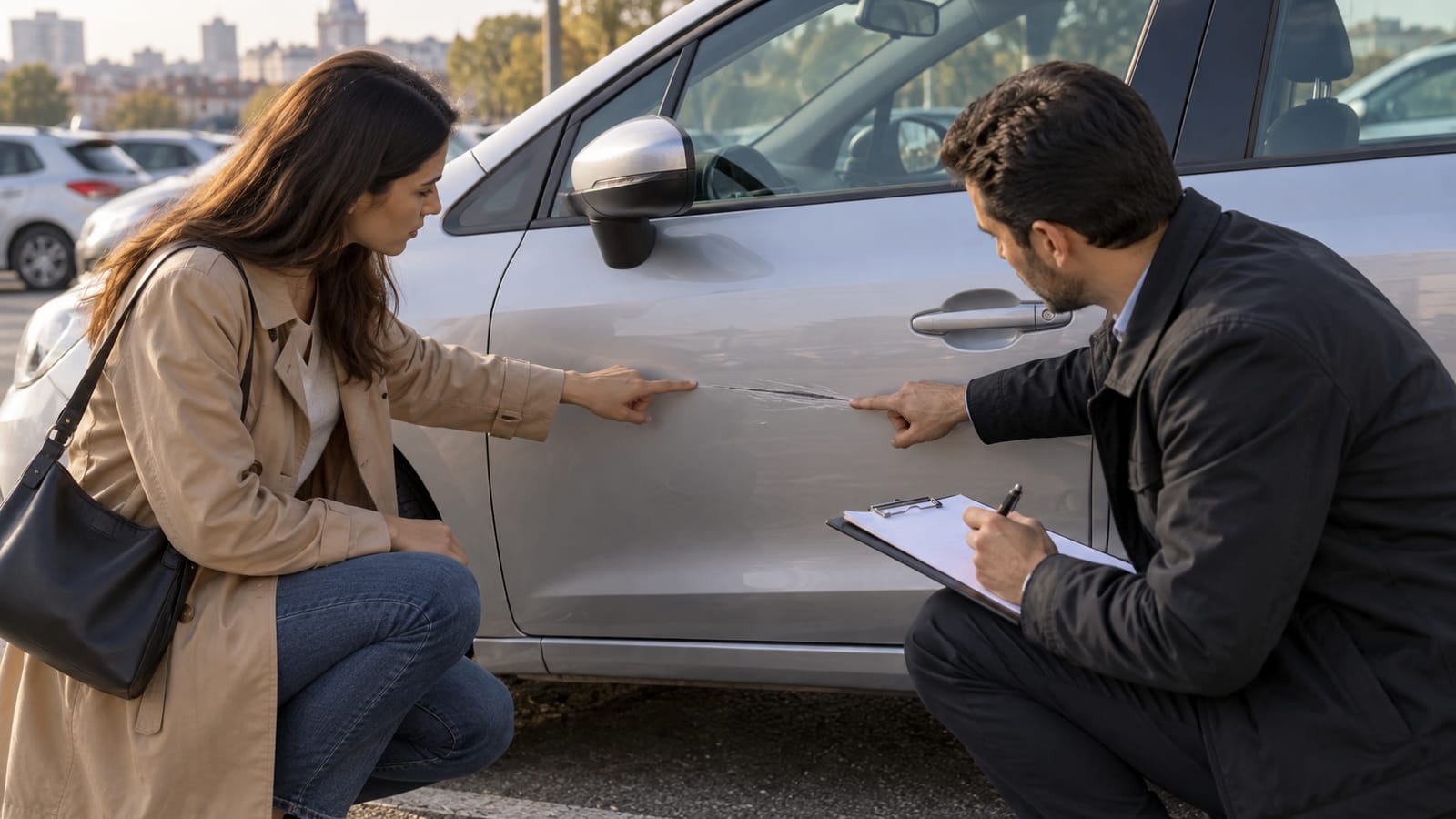 Kiralık otomobildeki kapı hasarını birlikte inceleyen kişiler