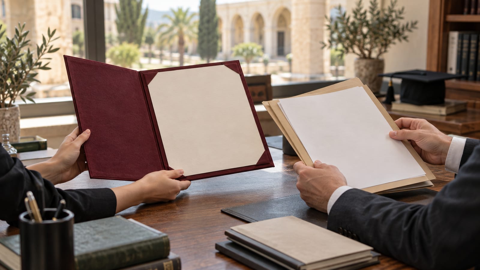 Boş diploma dosyasını idari inceleme evrakıyla karşılaştıran iki kişinin elleri