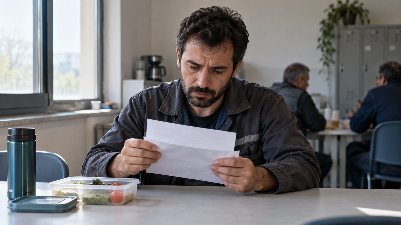 İşyerinin dinlenme masasında zarf inceleyen çalışan ve yemek kabı