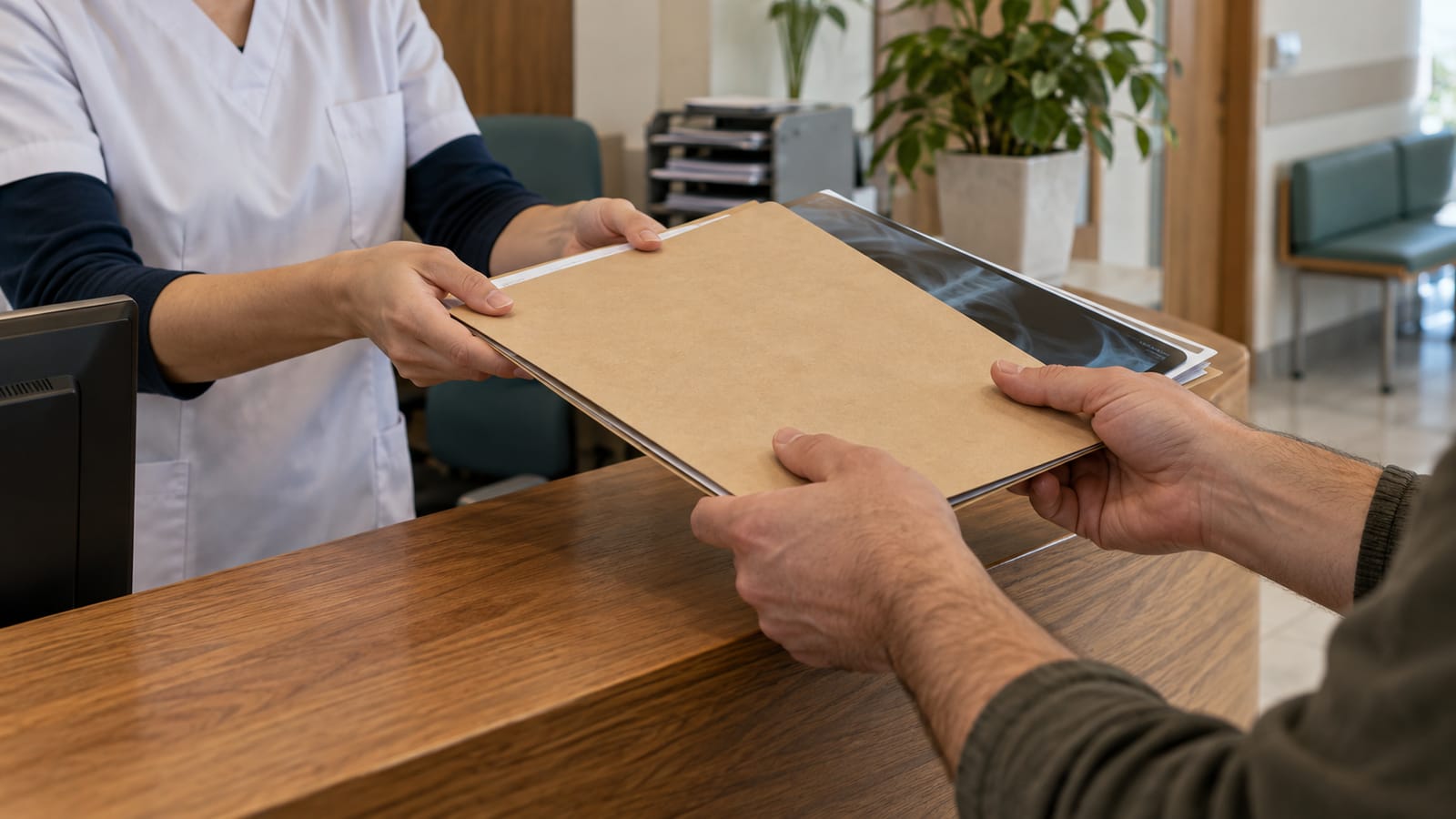 Patient receiving an unmarked medical folder across a clinic reception desk