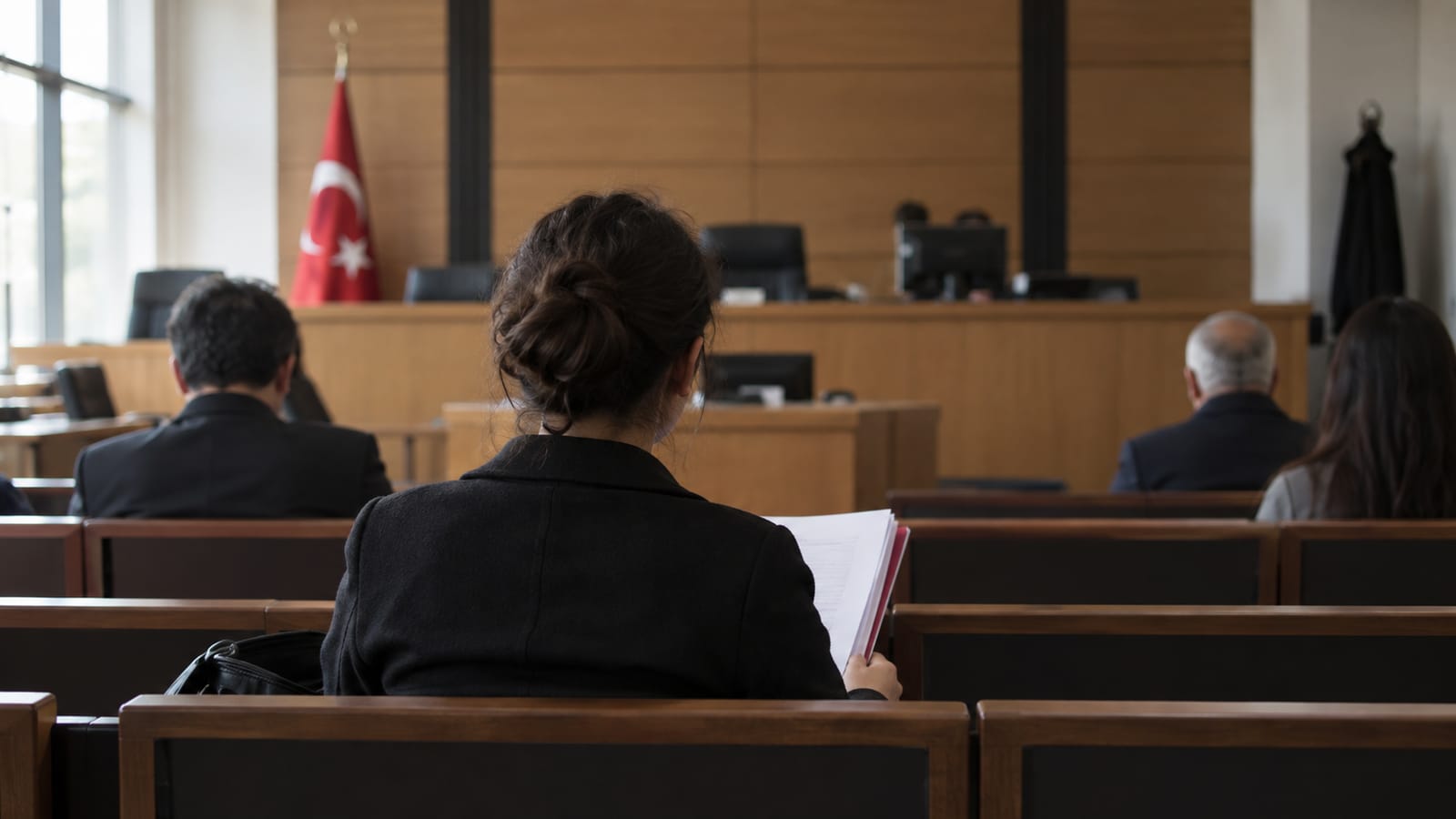 Duruşma salonundaki izleyici sırasından dosyasıyla bekleyen yetişkin, arkadan, sade çağdaş Türkiye salonu