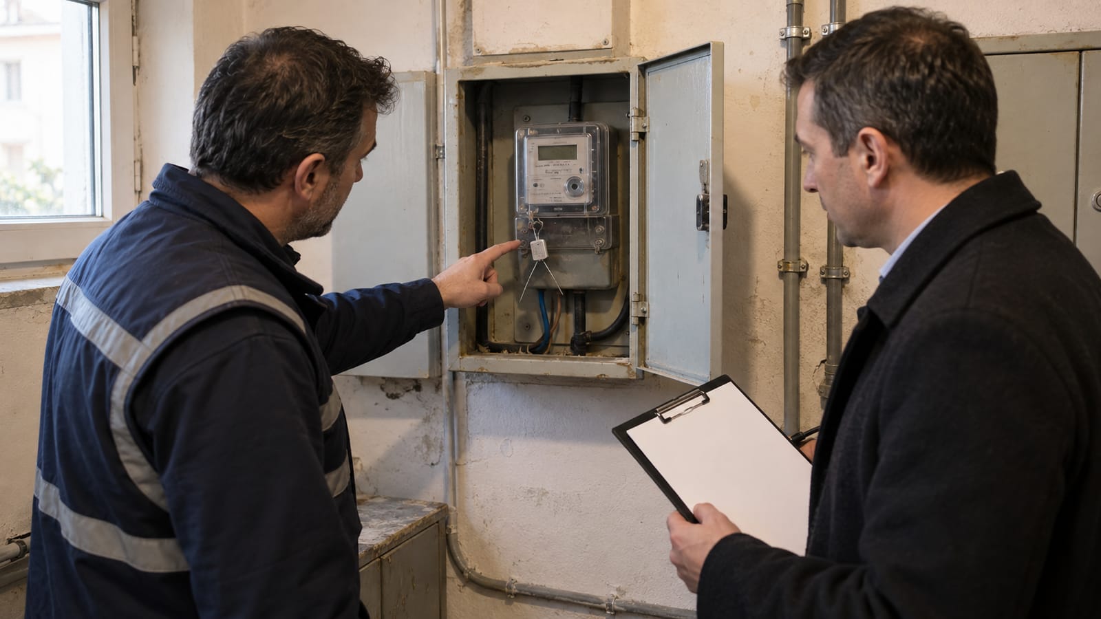 Elektrik sayacındaki bozulmuş güvenlik mührünü inceleyen teknisyen ile görevli