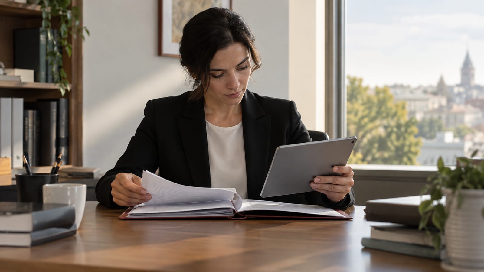 Dijital içerik inceleme odasında markasız tablet ve dosyayı değerlendiren uzmanın elleri
