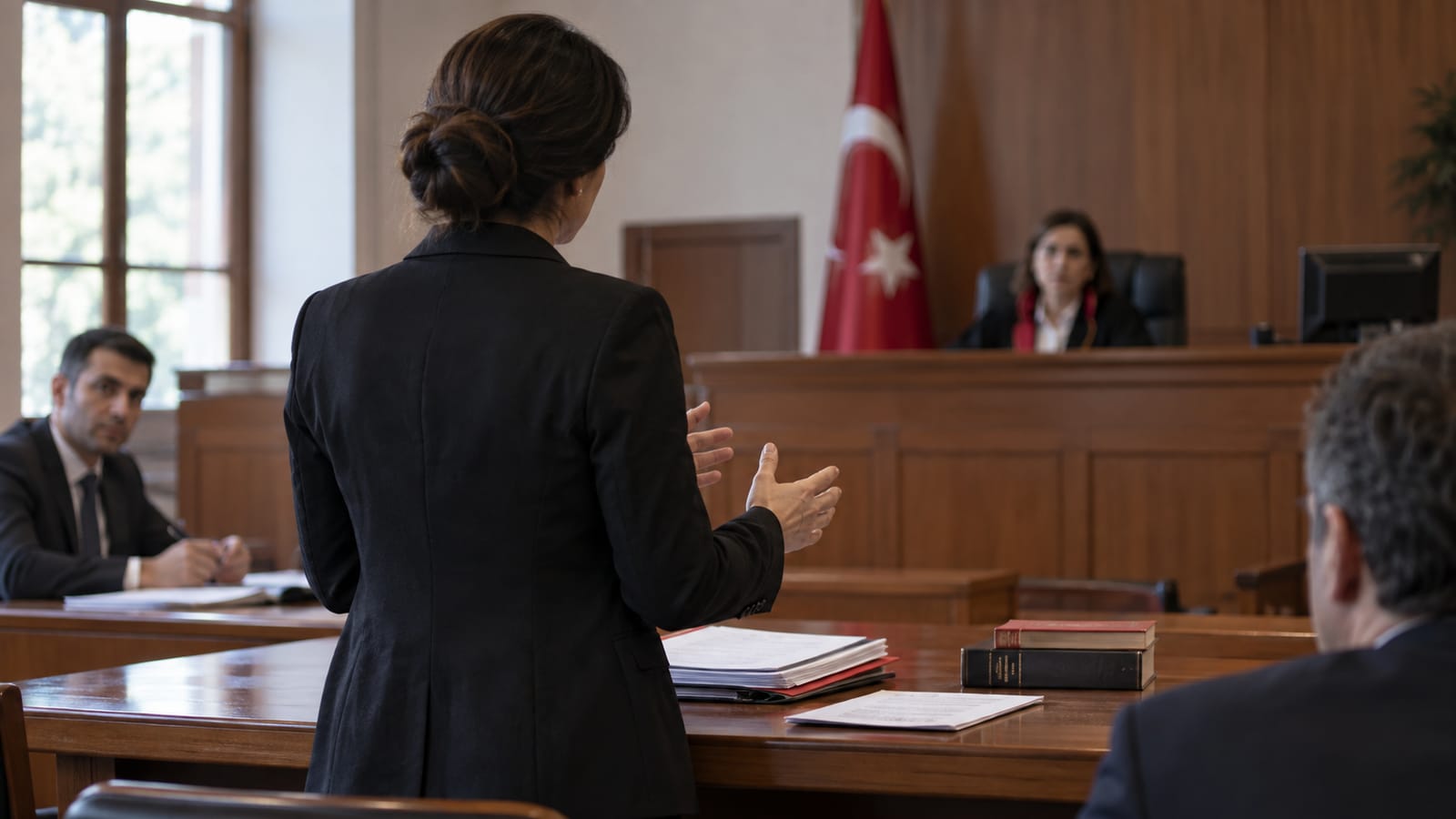 Sade duruşma salonunda masadaki dosya üstünden görüşünü açıklayan hukukçu