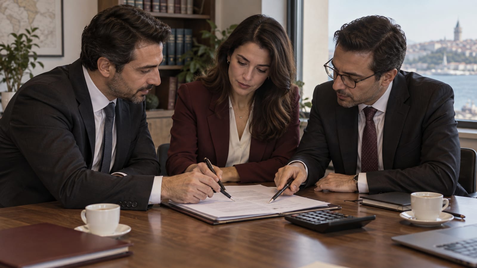 Aynı borç belgesini birlikte inceleyen üç iş ortağı