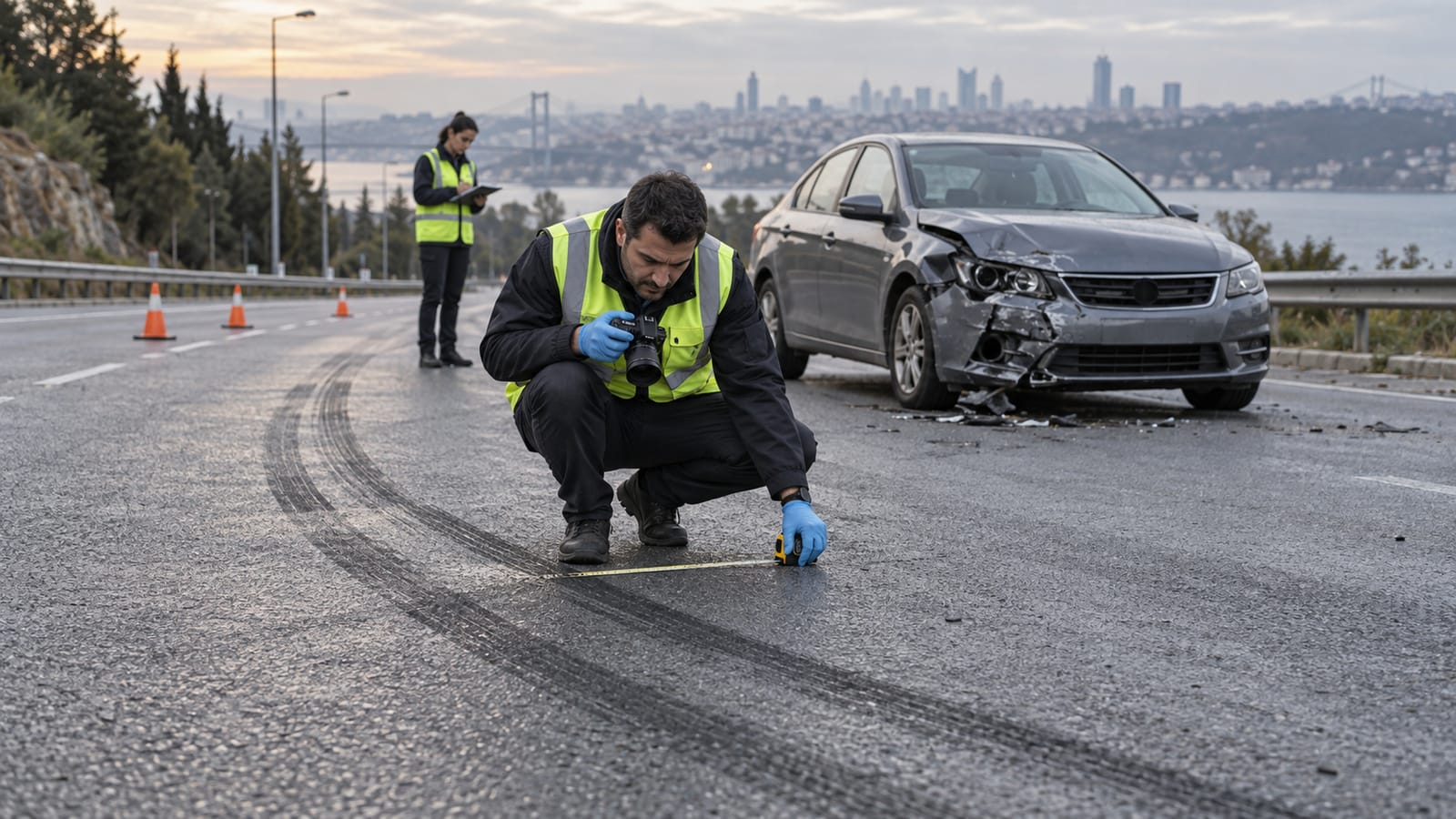 Trafik olayından sonra fren izlerini ölçen uzman ve hasarlı araç