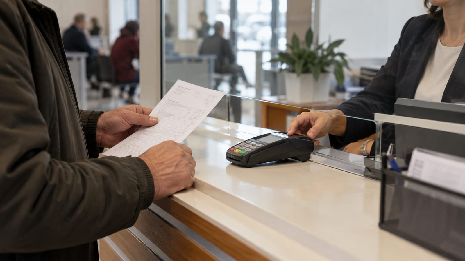 Kamu ödeme bankosunda bir belgeyi ve markasız ödeme terminalini kontrol eden yetişkinin elleri