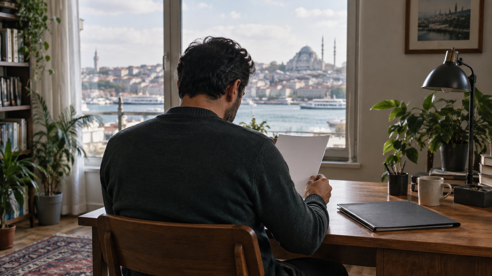 A resident examining a decision letter at a desk beside an Istanbul window