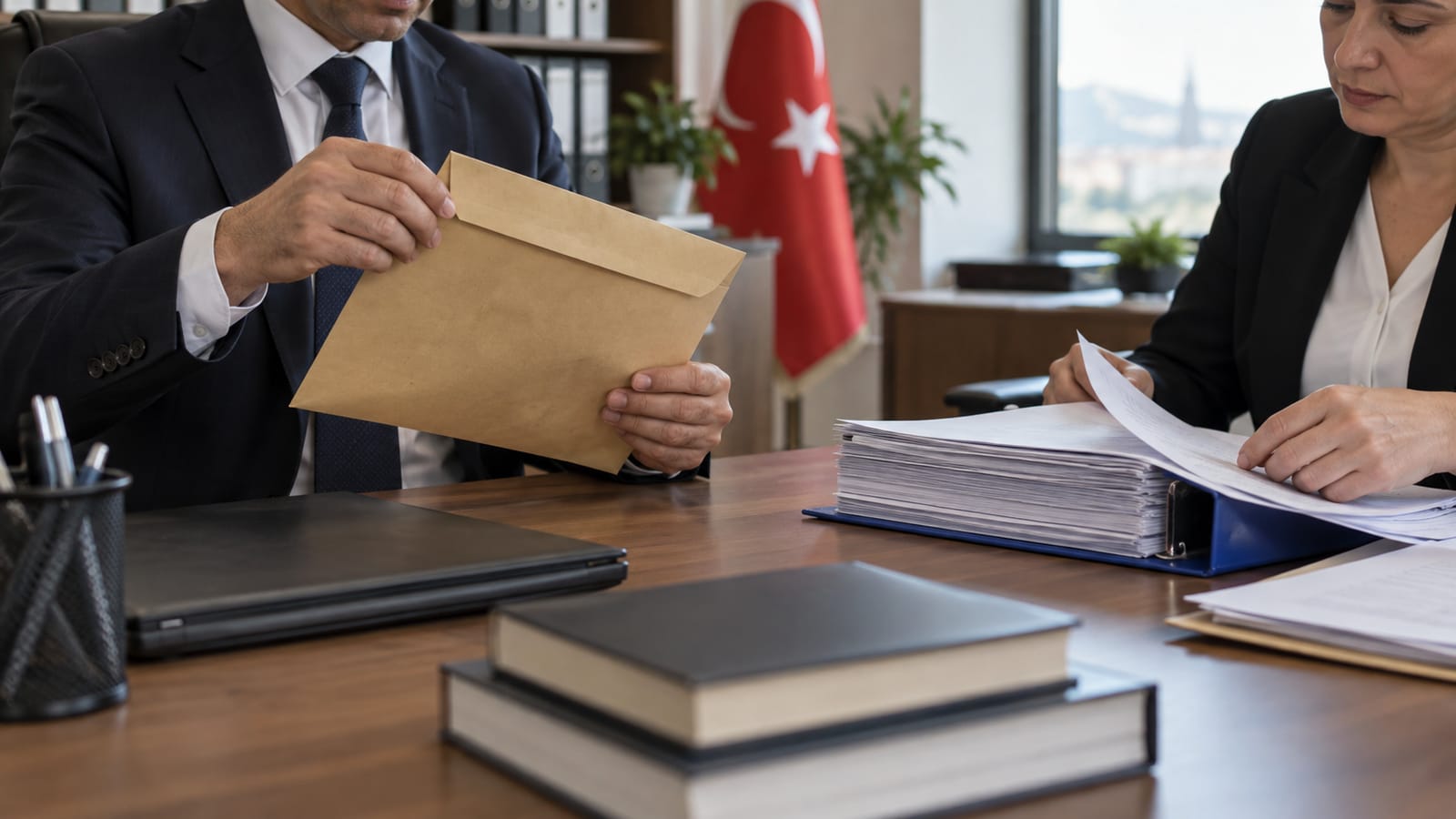 Kamu kurumu incelemesinde kapalı zarfı ve başvuru dosyasını kontrol eden iki denetçinin elleri