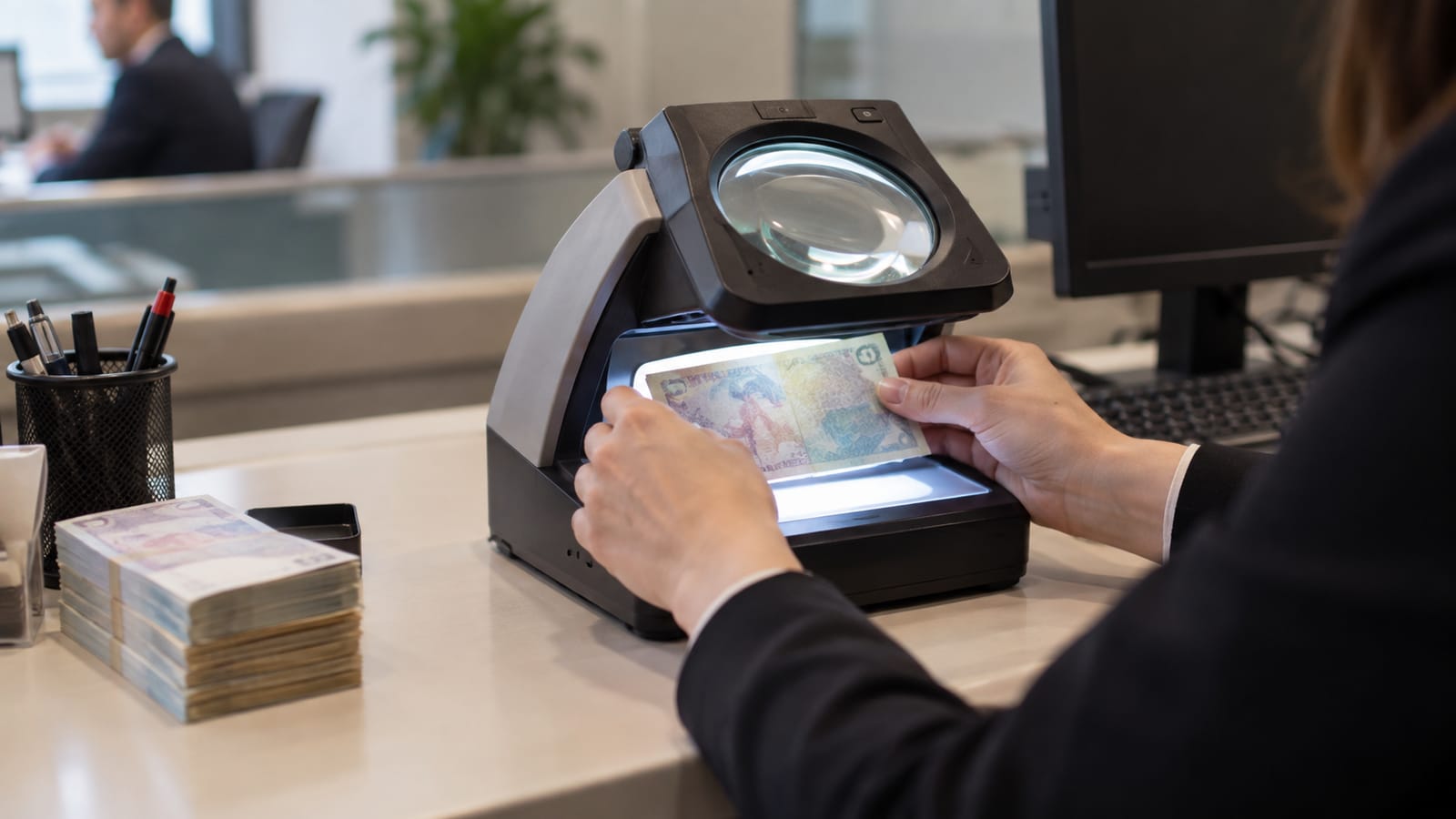 Bankada okunabilir ayrıntısı olmayan banknotu büyüteçli inceleme cihazıyla kontrol eden görevlinin elleri