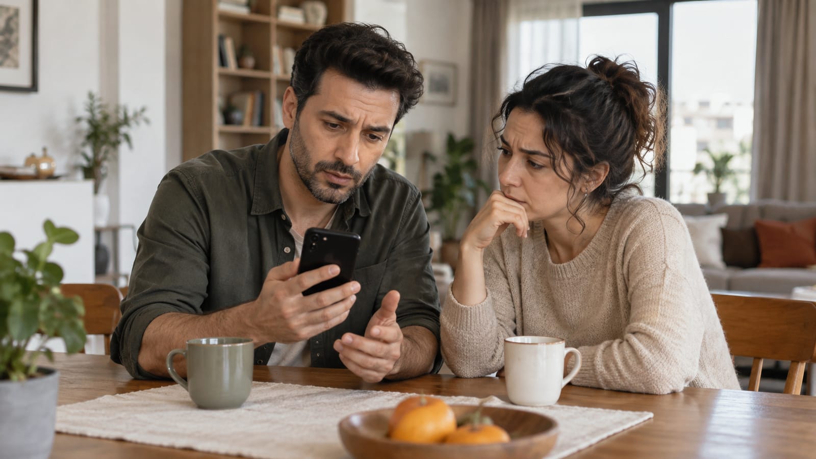 Ev masasında şüpheli telefon aramasını kapatıp yanındaki yakınına gösteren yetişkin